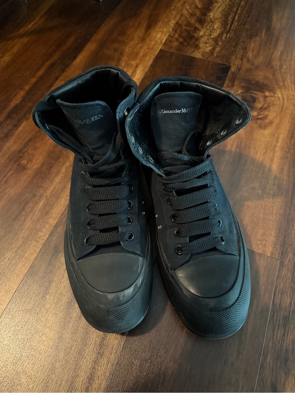 Alexander McQueen Men's Black High-Top Canvas Sneakers with Rubber Toe